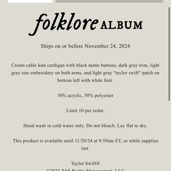 Authentic Official Limited Taylor Swift Cardigan Folklore Album XL/2XL - Picture 5 of 7